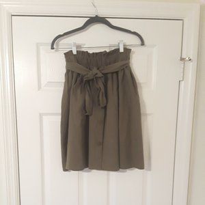 High Waist Green Button Front Flare Knee Length Skirt
